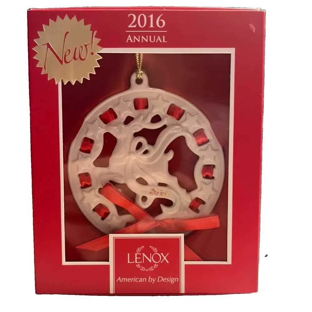 Lenox 2016 Annual Christmas Wrappings Reindeer Round Flat Ornament NIB